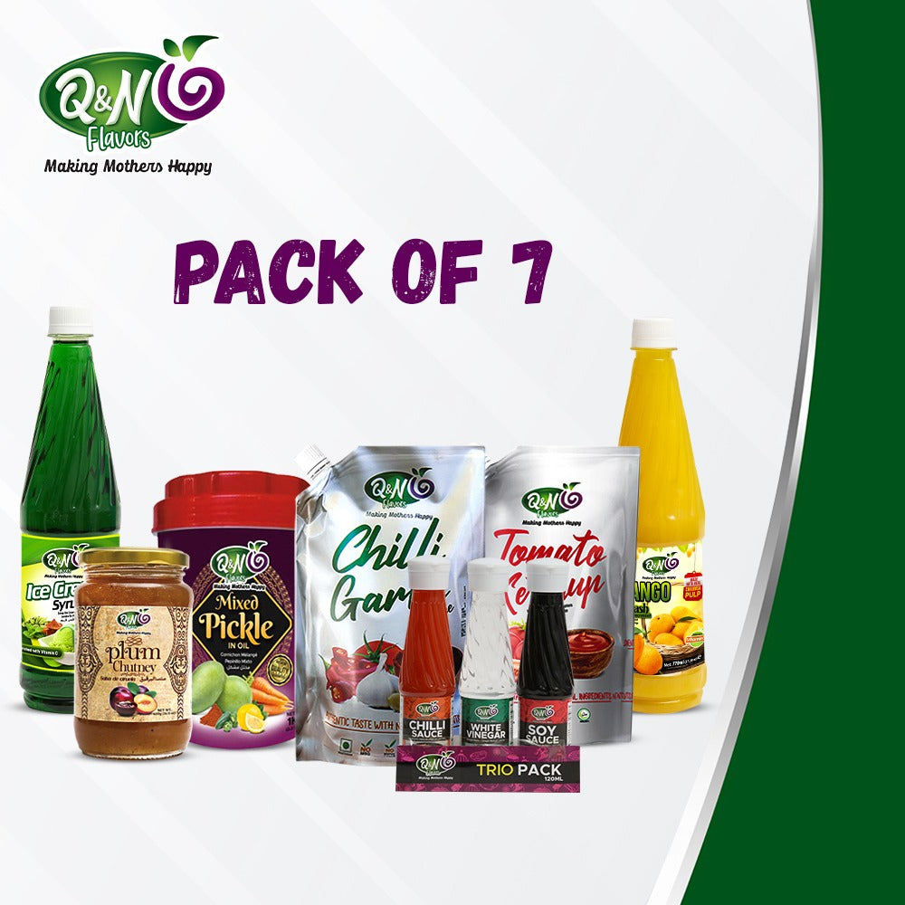 Q&N FLAVORS ICE CREAM SYRUP / PLUM CHUTNEY / MIX PICKLE 1KG / TOMATO KETCHUP / CHILLI GARLIC / TRIO PACK 120ML / MANGO SQUASH 770ML