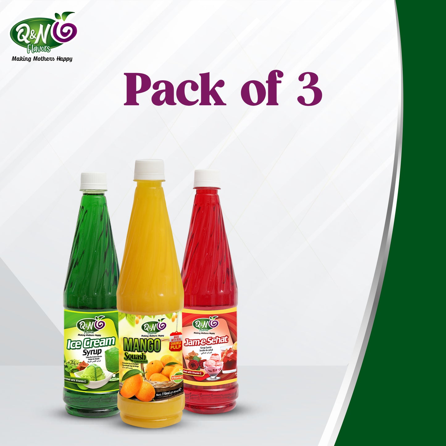 Q&N FLAVORS ICE CREAM SODA / MANGO SQUASH / JAM-E-SEHAT 770ML
