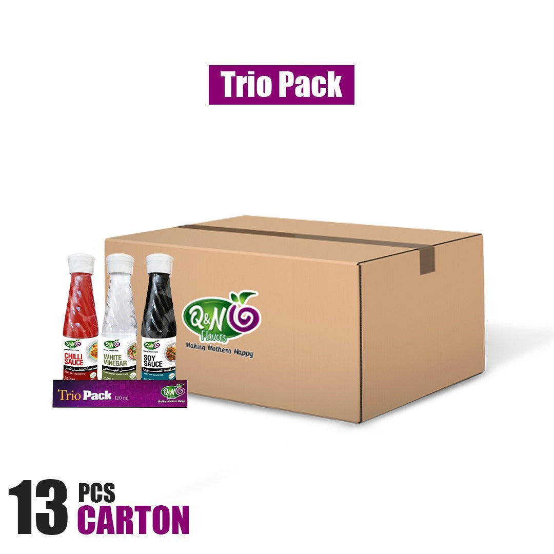 Q&N FLAVORS TRIO PACK(SOY/CHILLI/VINEGAR) 120ML (13PCs Carton)