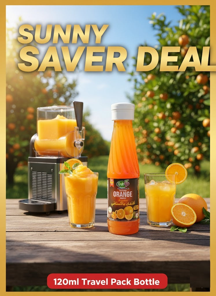 Orange juice bottle with glasses and a blender on a wooden table with an orange tree in the background, promoting a 'Sunny Saver Deal'.